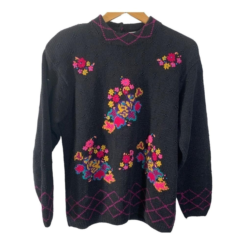 Northern Isles Portraits Womens Hand Knit Black Size Large Floral Sweater Warm